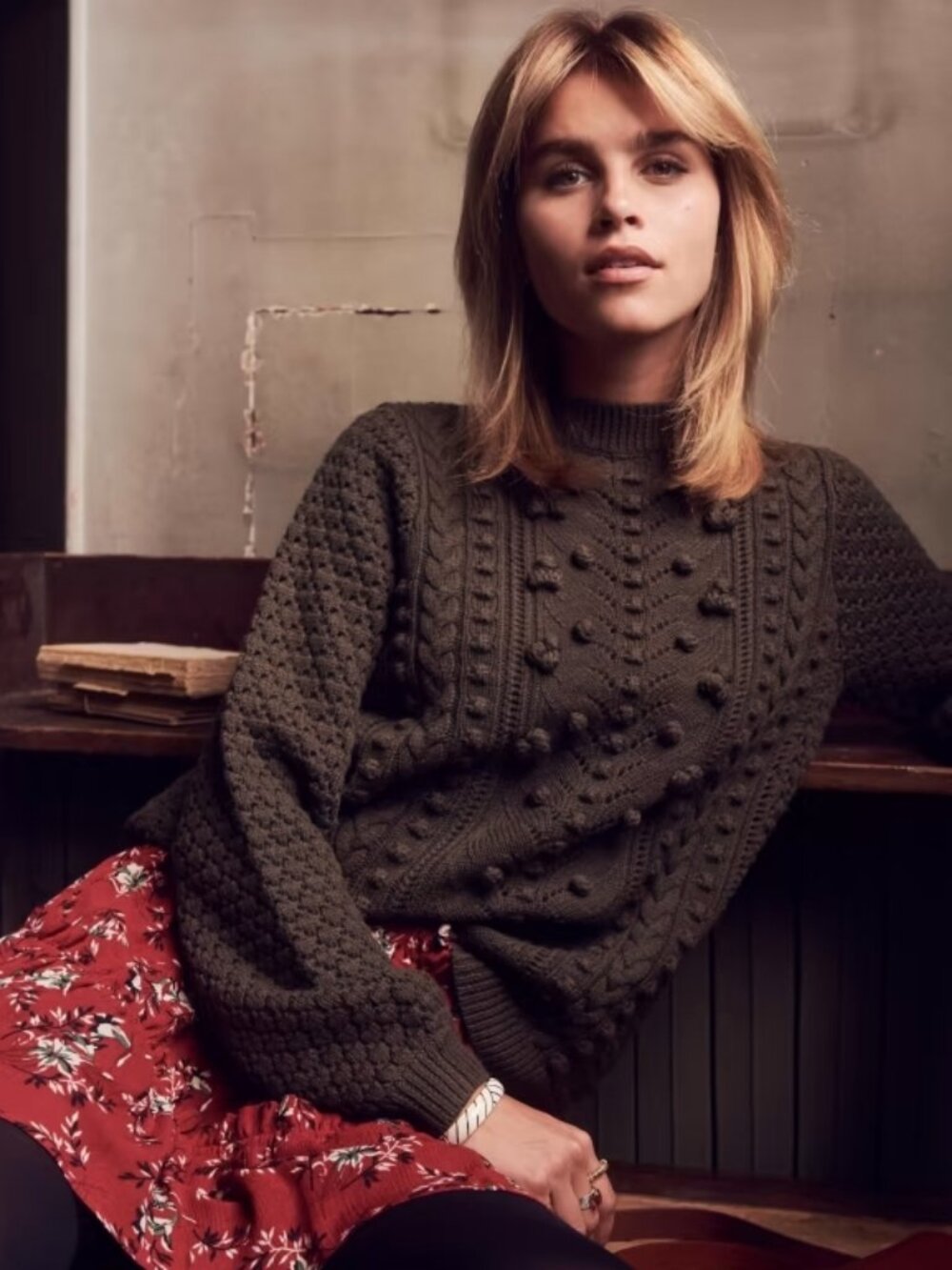Sézane Rob Army Green Wool Cable & Bobble Knit Sweater - S